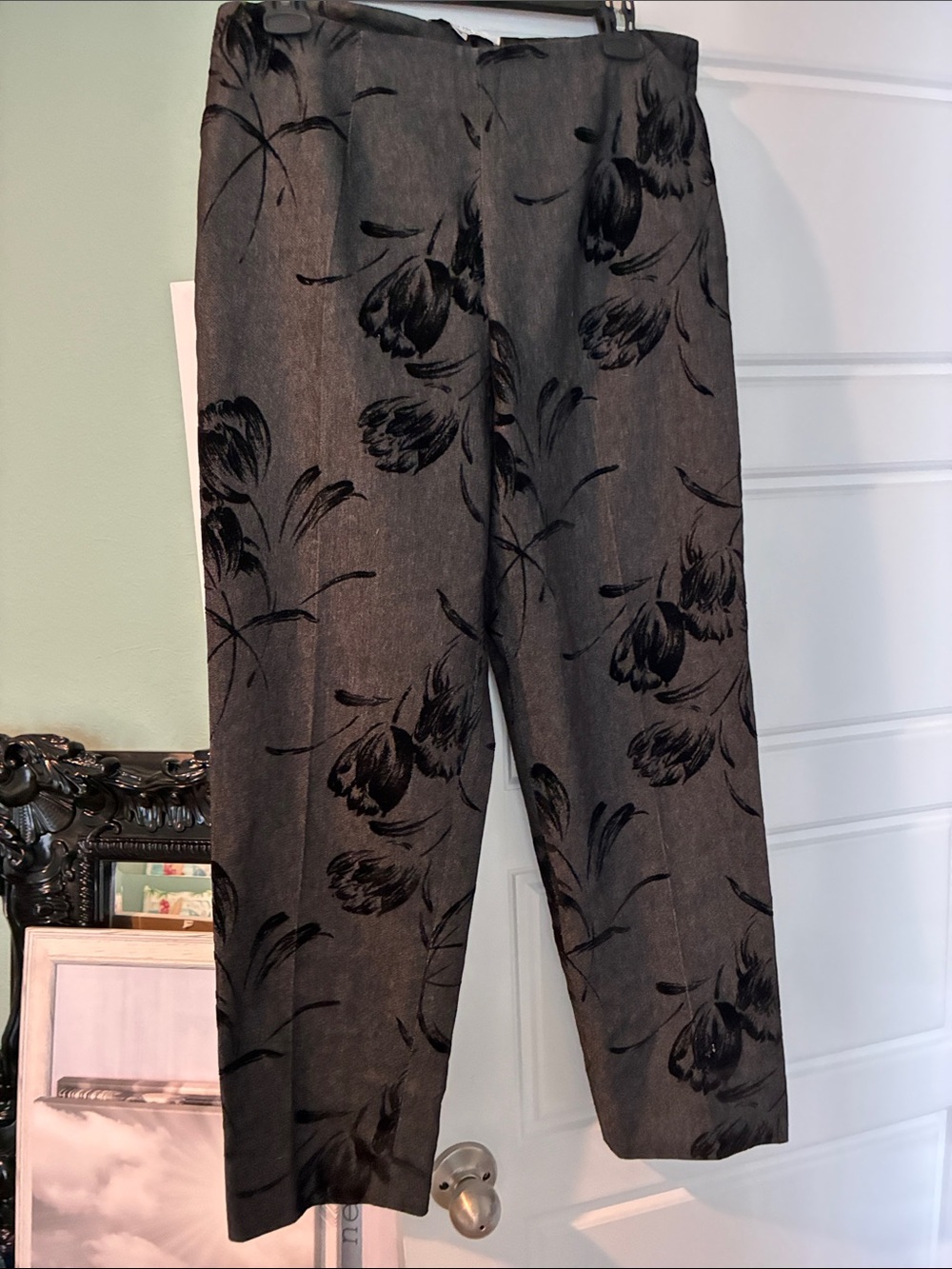 Dark gray pants with black flowers.